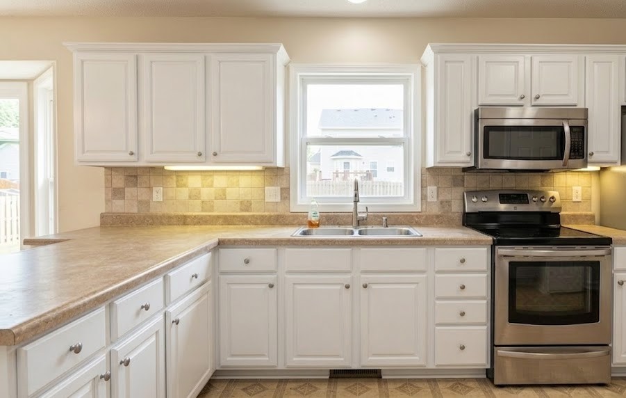 Kitchen cabinets after refinishing to white
