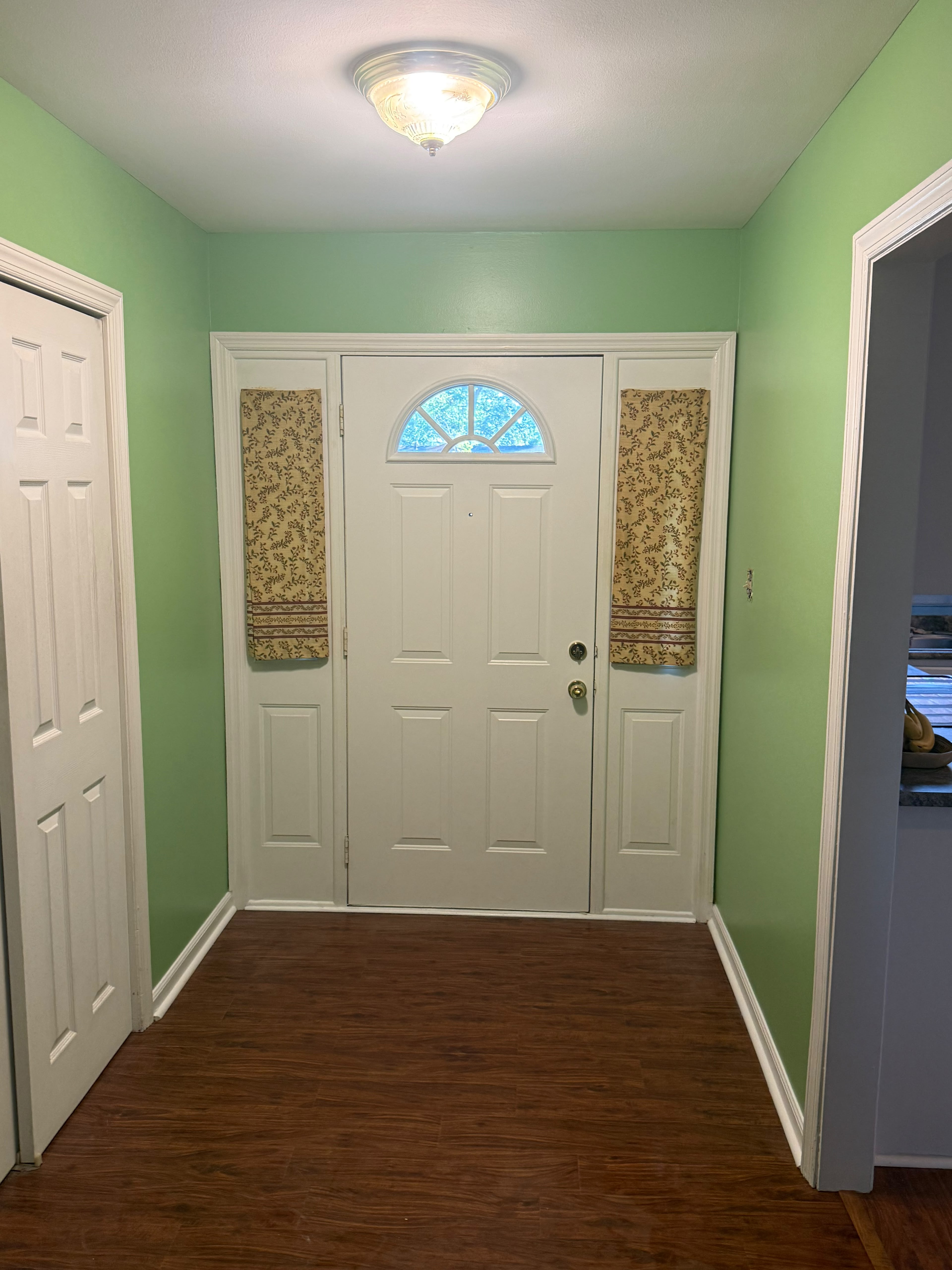 Entry foyer repainted sage green with white trim